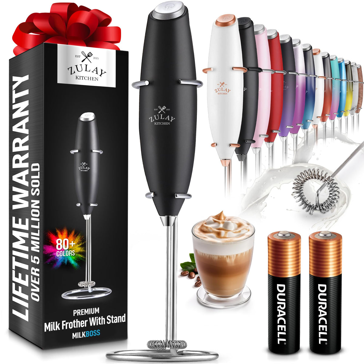 Zulay Kitchen Powerful Milk Frother Wand With 2 Duracell Batteries - Ultra Fast Handheld Drink Mixer - Electric Whisk Foam Maker for Coffee Lattes Cappuccino Matcha Hot Chocolate & Creamer - Black
